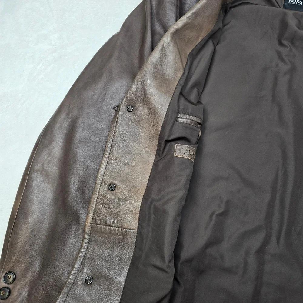 Hugo Boss Leather Blazer Jacket Mens XL 46R Brown Lamb Leather Soft! Distressed - Picture 10 of 16